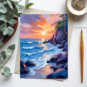 Ocean Bay Sunset   Beach Shore Watercolor Postcard