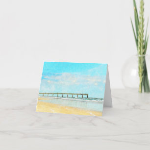 Ocean Beach and Fishing Pier Watercolor Card