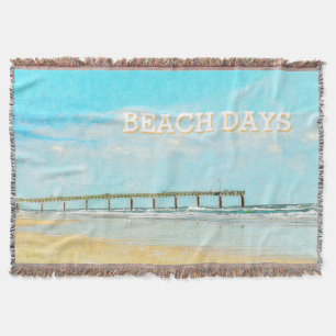 Ocean Beach and Fishing Pier Watercolor Throw Blanket