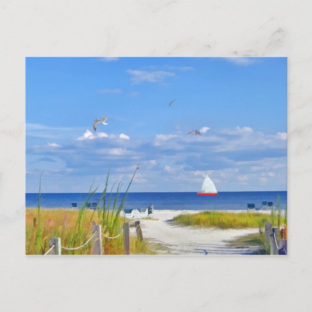 Ocean, Beach, and Sailboat Postcard (Front)