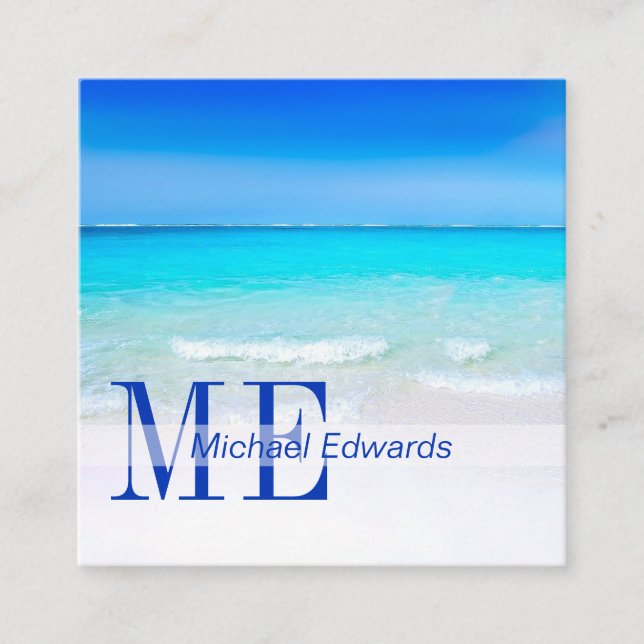 Ocean Beach Aqua Blue Sea Travel Modern Monogram Square Business Card (Front)