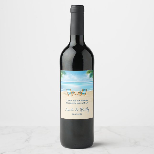 Ocean Beach Chairs Wedding Wine Label (Front)