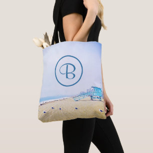 Ocean beach coastal photo bold modern monogram tote bag