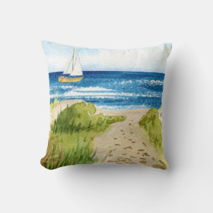 Ocean Beach Coastal  Sailboat Shore Line Cushion