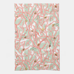 Ocean Beach Coral and Seashells Design Tea Towel