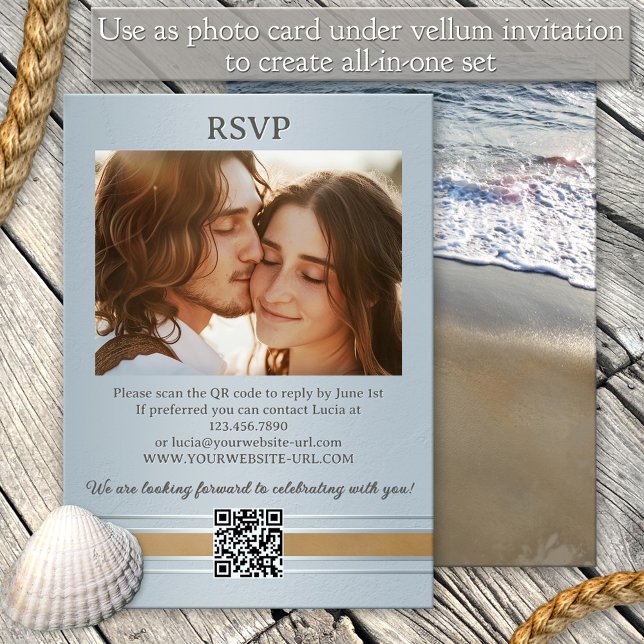 Ocean Beach Elegant All-in-One Wedding Invitation (Modern photo all-in-one invitation featuring a beach with waves flowing on the sand - add to vellum)