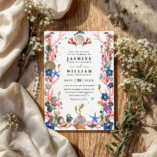 Ocean Beach Embossed Elegant QR Code Wedding Invitation