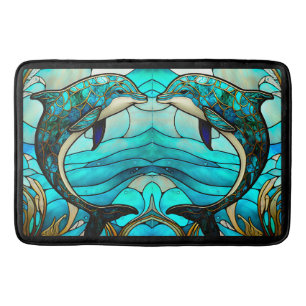 Ocean Beach House Blue Dolphin Faux Stained Glass Bath Mat