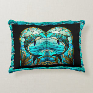 Ocean Beach House Blue Dolphin Faux Stained Glass  Decorative Cushion