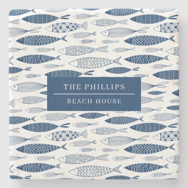 Ocean Beach Nautical Fish Pattern Stone Coaster (Front)