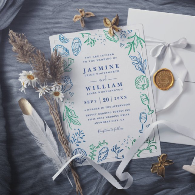 Ocean Beach Nautical Shell Elegant Modern Wedding Invitation (Creator Uploaded)