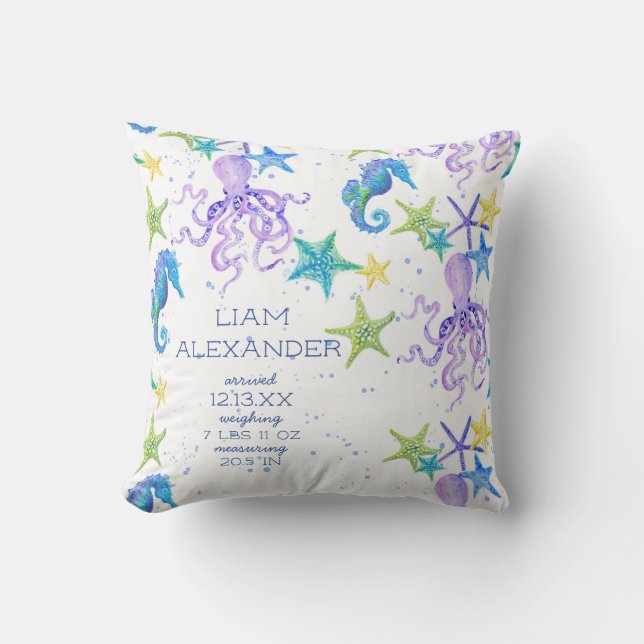 Ocean Beach Octopus Seahorse Boy Baby Birth Stat Cushion (Front)