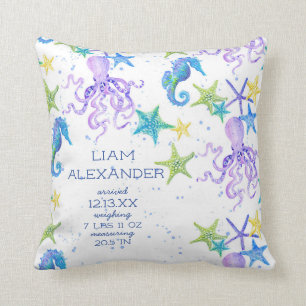 Ocean Beach Octopus Seahorse Boy Baby Birth Stat Cushion