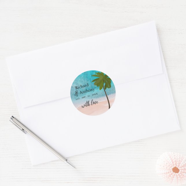 Ocean Beach Palm Tree Wedding Favor Classic Round Sticker (Envelope)
