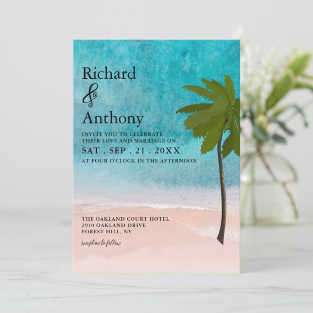 Ocean Beach Palm Tree Wedding Invitation (Standing Front)