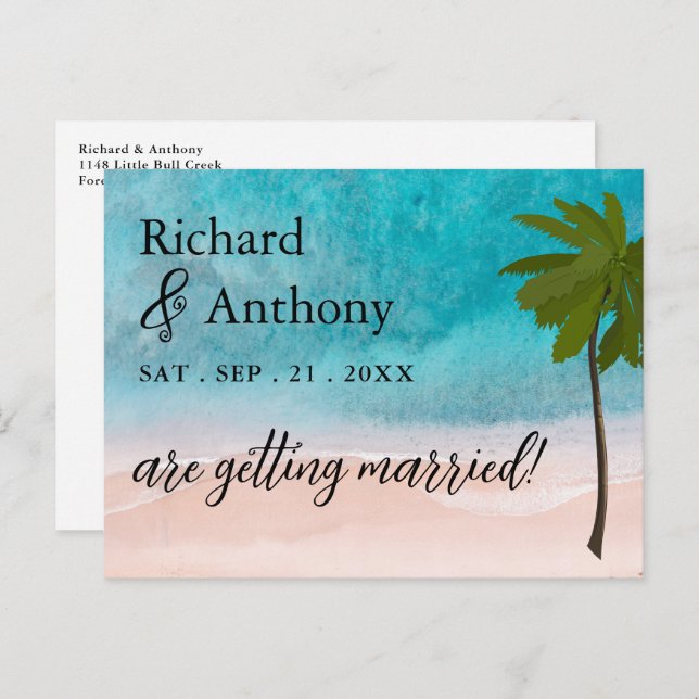 Ocean Beach Palm Tree Wedding Save The Date Announcement Postcard (Front/Back)