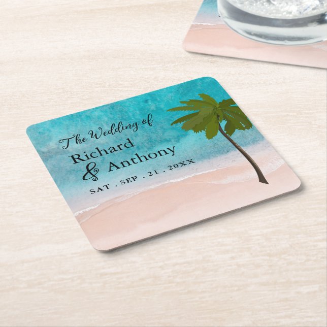 Ocean Beach Palm Tree Wedding Square Paper Coaster (Angled)