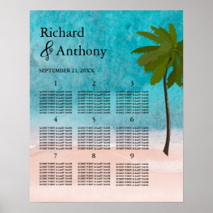 Ocean Beach Palm Tree Wedding Table Plan Poster