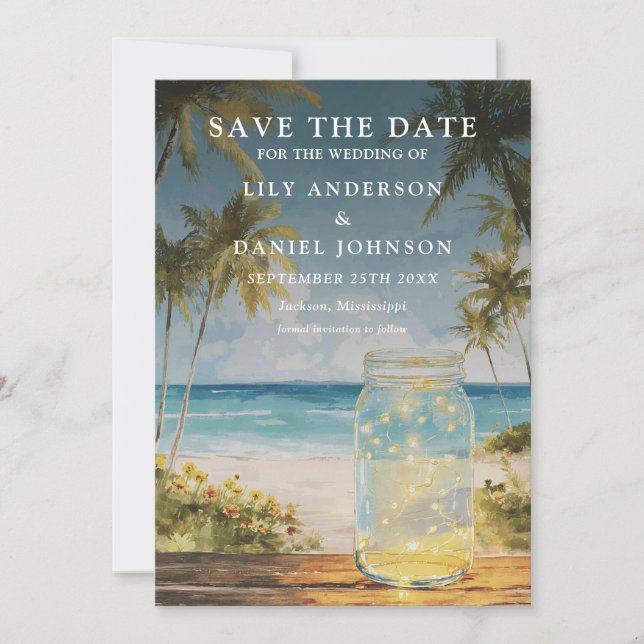 Ocean Beach Palm Trees Mason Jar Wedding Save The Date (Front)