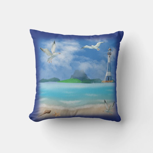 Ocean Beach Paradise Lighthouse Seagulls Shells Cushion (Front)