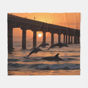 Ocean Beach Pier - Beach Sunset Dolphins Fleece Blanket