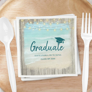 Ocean Beach Rustic Wood Lights Graduate Party Napkin