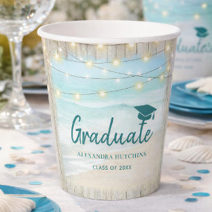 Ocean Beach Rustic Wood Lights Graduate Party Paper Cups