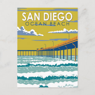 Ocean Beach San Diego Travel Art Vintage Postcard