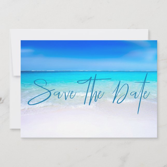 Ocean Beach Sand Destination Blue  Modern Save The Date (Front)
