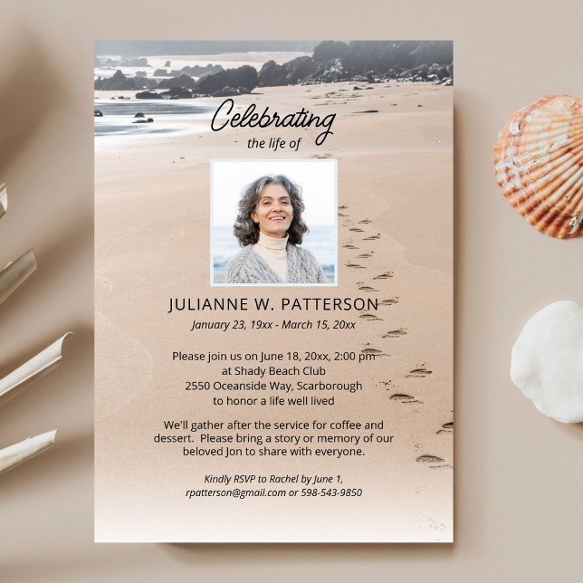 Ocean Beach Sandy Footprints, Celebration of Life  Invitation (Creator Uploaded)