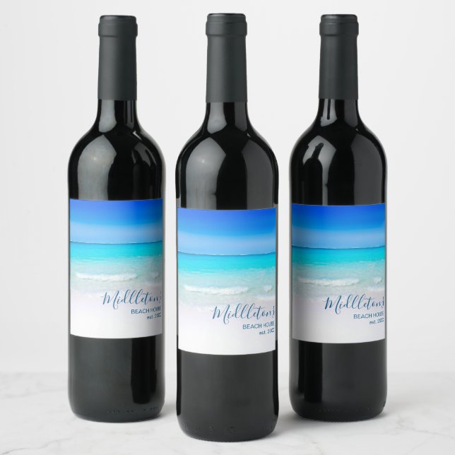 Ocean Beach Sea Personal Aqua Blue Modern Wine Label (Bottles)