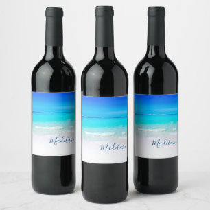 Ocean Beach Sea Personal Name Aqua Blue Modern Wine Label