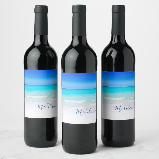 Ocean Beach Sea Personal Name Aqua Blue Modern Wine Label (Bottles)