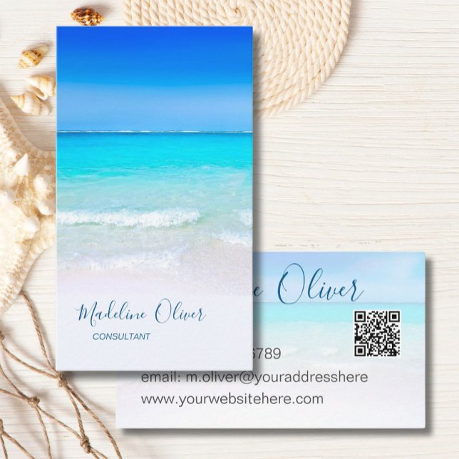 Ocean Beach Sea QR Code Travel  Spa Aqua Blue  Business Card (Creator Uploaded)