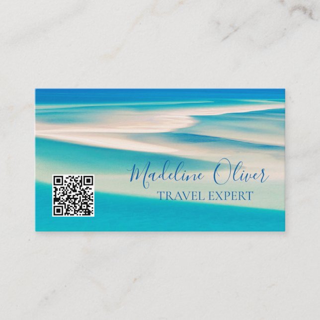 Ocean Beach Sea QR Travel Aqua Blue Business Business Card (Front)