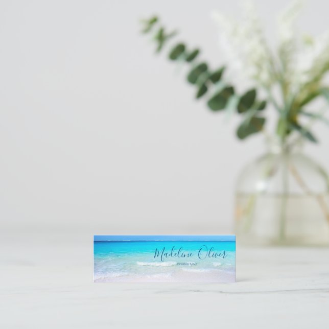 Ocean Beach Sea Travel Aqua Blue Modern Thin Mini Business Card (Standing Front)