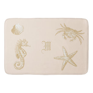 Ocean Beach Seahorse Starfish Crab Shell Monogram Bath Mat