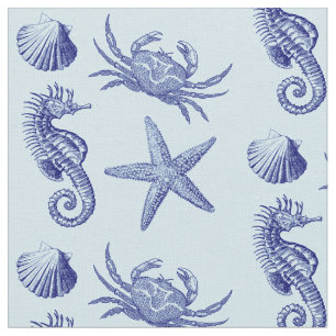 Ocean Beach Seahorse Starfish Crab & Shell Pattern Fabric