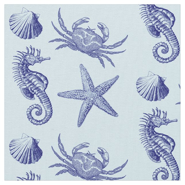 Ocean Beach Seahorse Starfish Crab & Shell Pattern Fabric (Close Up)