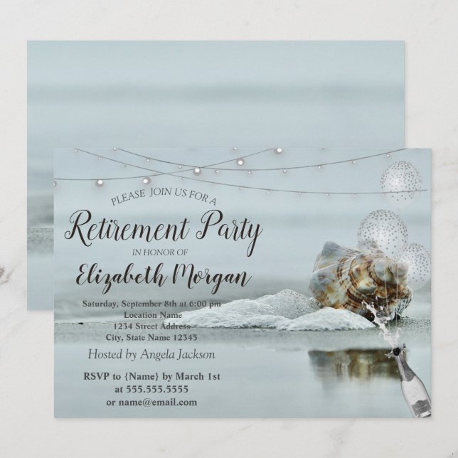 Ocean Beach Seashell,Balloons,Wine Retirement Invitation (Front/Back)