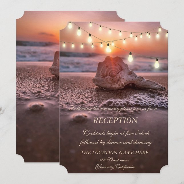 Ocean Beach,Seashell Lights Wedding Reception  Invitation (Front/Back)