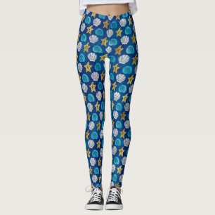 Ocean Beach Seashells Starfish Blue Yoga Leggings
