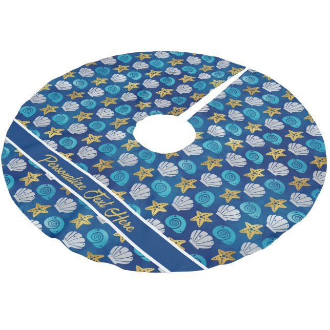 Ocean Beach Seashells Starfish Navy Blue Christmas Brushed Polyester Tree Skirt (Angled)