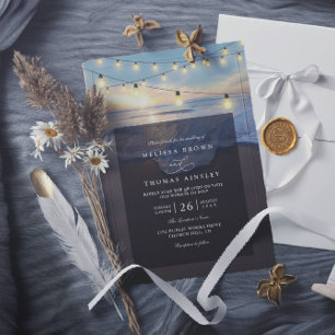 Ocean Beach Seaside String Lights QR Code Wedding Invitation