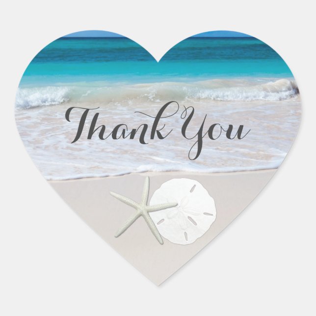 Ocean Beach Starfish Sand Dollar Thank You Heart Sticker (Front)