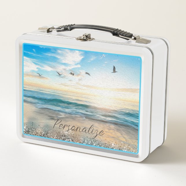 Ocean Beach Sunrise Birds Nature Personalised Metal Lunch Box (Front)