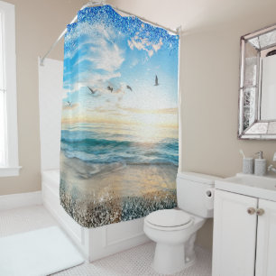 Ocean Beach Sunrise Birds Sun Glitter Border Shower Curtain