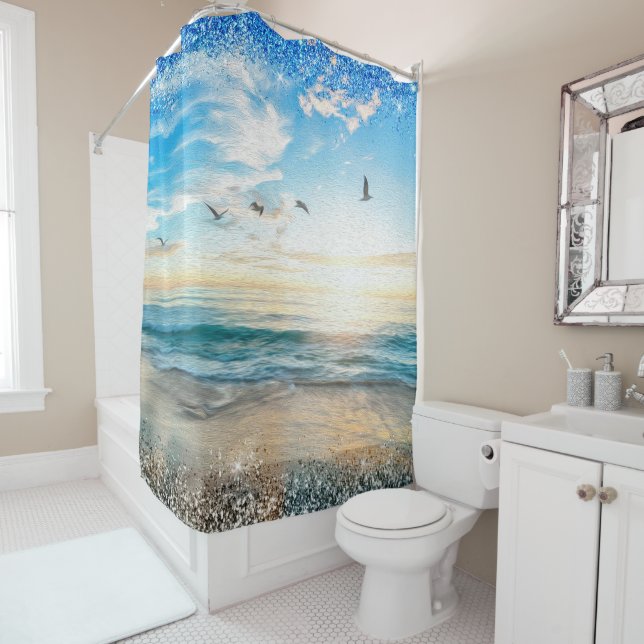 Ocean Beach Sunrise Birds Sun Glitter Border Shower Curtain (In Situ)