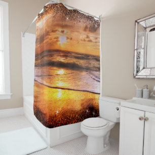 Ocean Beach Sunset Gold Sun Glitter Border Shower Curtain