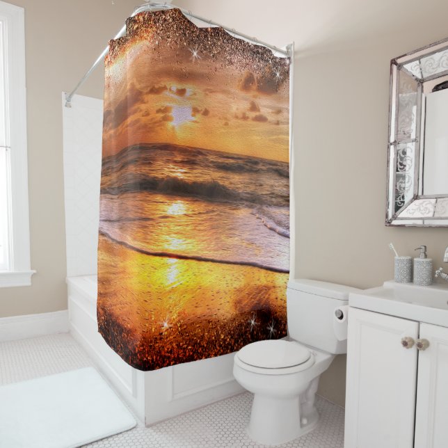 Ocean Beach Sunset Gold Sun Glitter Border Shower Curtain (In Situ)